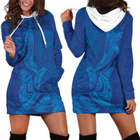 Hawaiian Monk Seal and Whale Hoodie Dress Kakau Tribal Pattern Blue Color