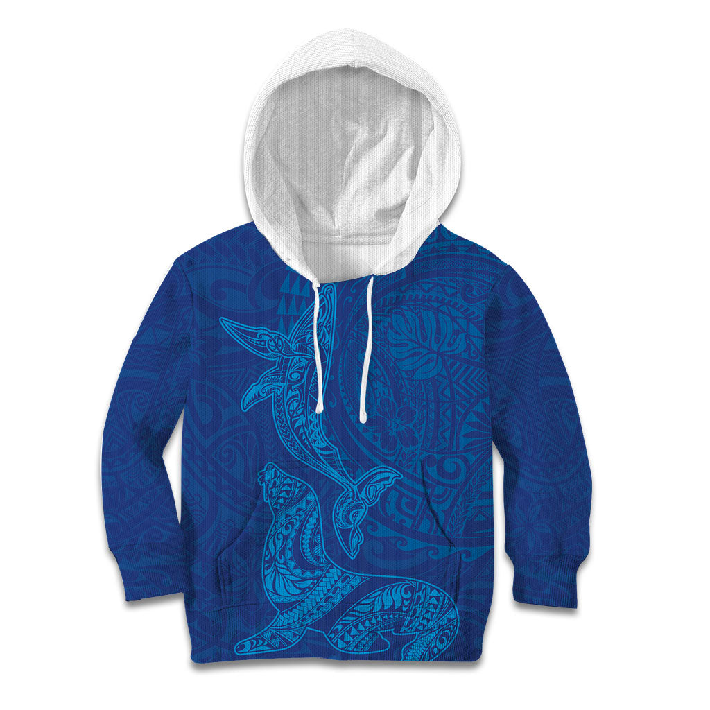 Hawaiian Monk Seal and Whale Kid Hoodie Kakau Tribal Pattern Blue Color