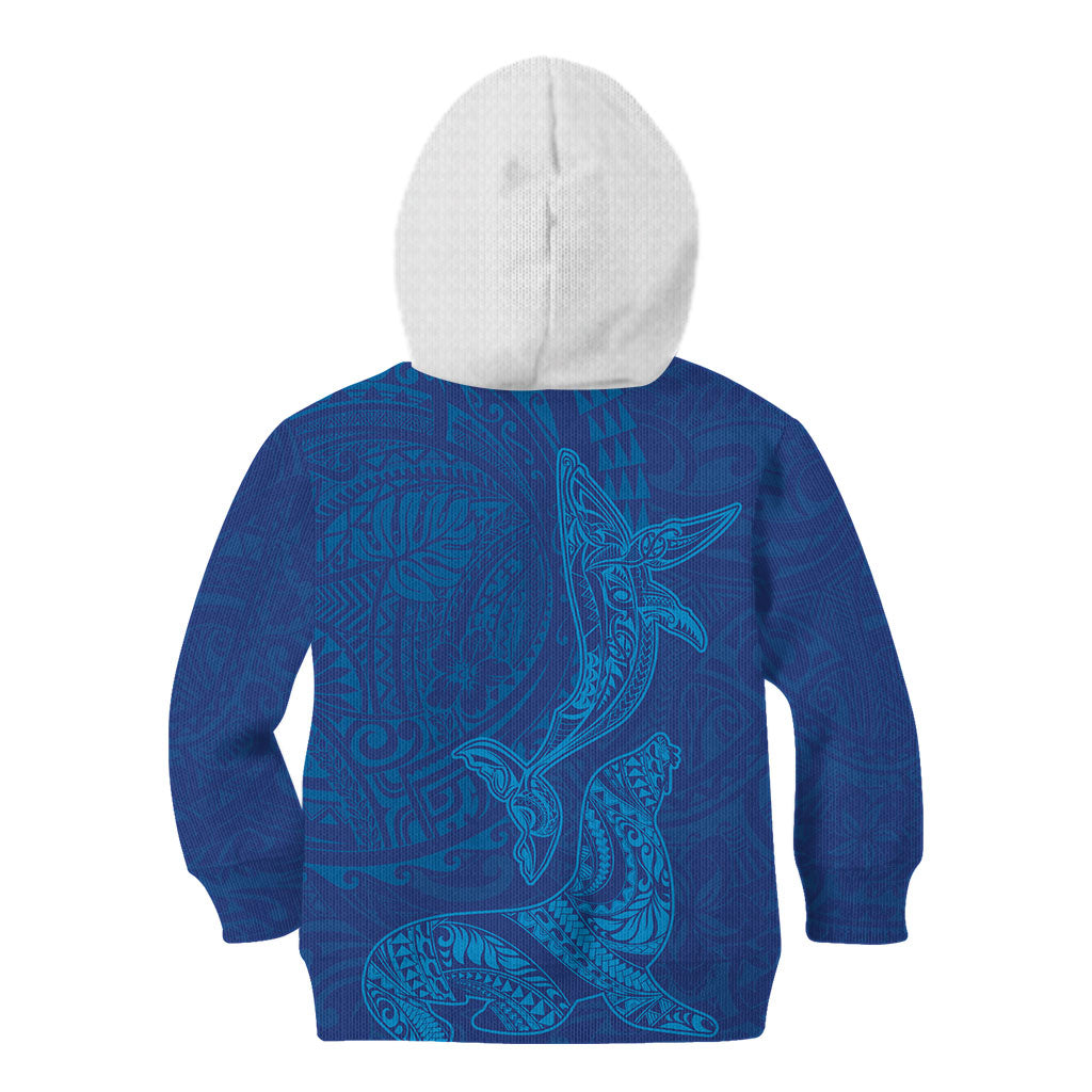 Hawaiian Monk Seal and Whale Kid Hoodie Kakau Tribal Pattern Blue Color