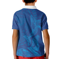 Hawaiian Monk Seal and Whale Kid Polo Shirt Kakau Tribal Pattern Blue Color