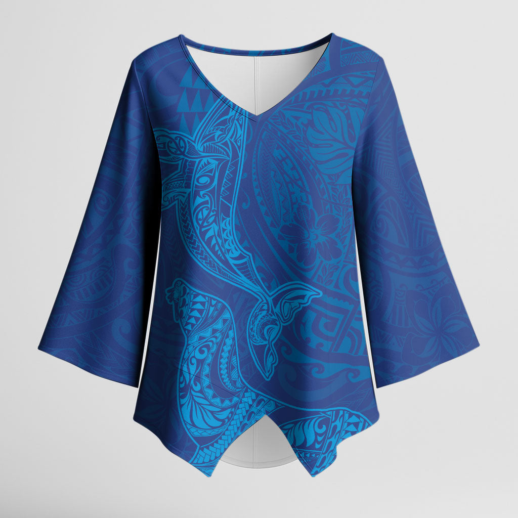 Hawaiian Monk Seal and Whale Kimono Sleeve Blouse Kakau Tribal Pattern Blue Color