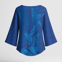 Hawaiian Monk Seal and Whale Kimono Sleeve Blouse Kakau Tribal Pattern Blue Color