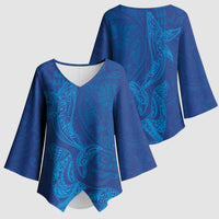 Hawaiian Monk Seal and Whale Kimono Sleeve Blouse Kakau Tribal Pattern Blue Color