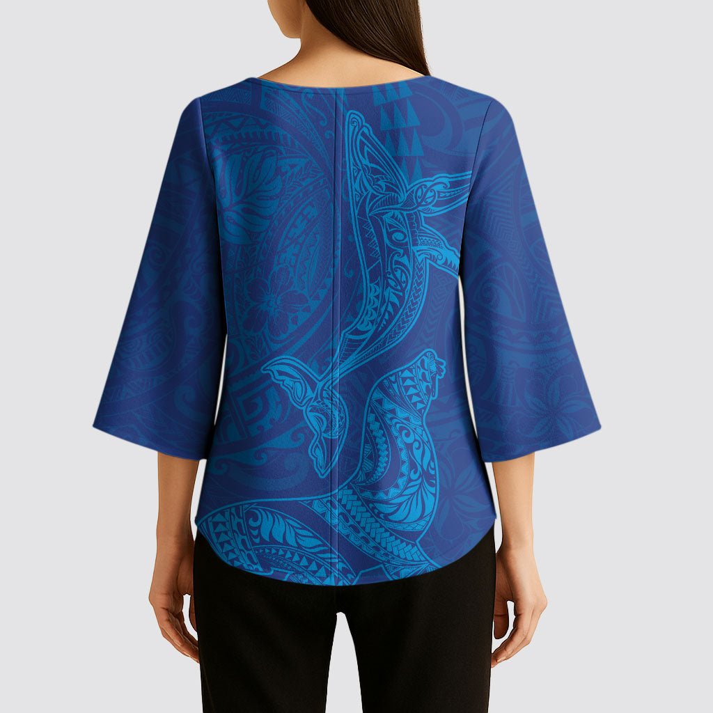 Hawaiian Monk Seal and Whale Kimono Sleeve Blouse Kakau Tribal Pattern Blue Color