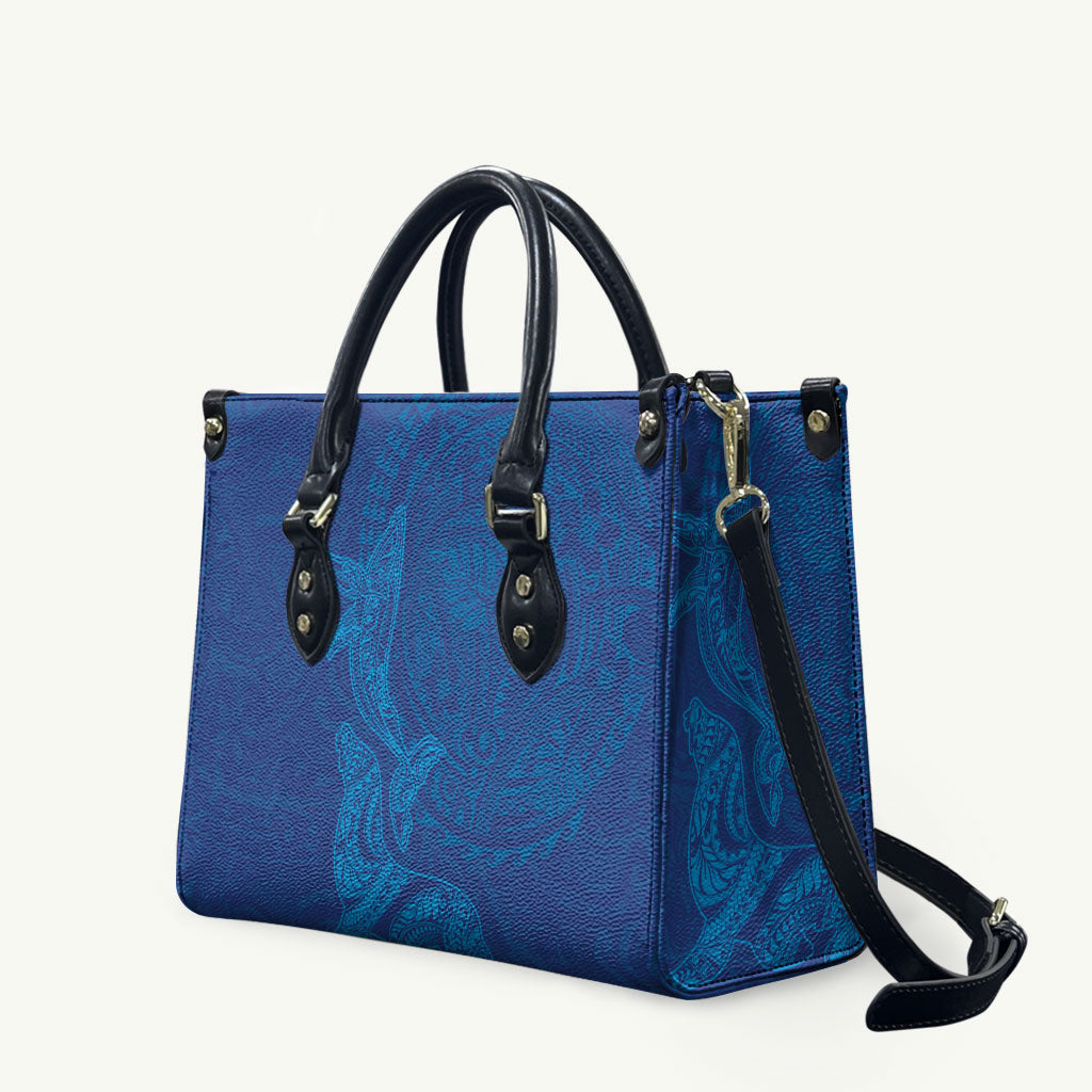 Hawaiian Monk Seal and Whale Leather Bag Kakau Tribal Pattern Blue Color