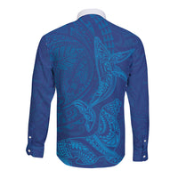 Hawaiian Monk Seal and Whale Long Sleeve Button Shirt Kakau Tribal Pattern Blue Color