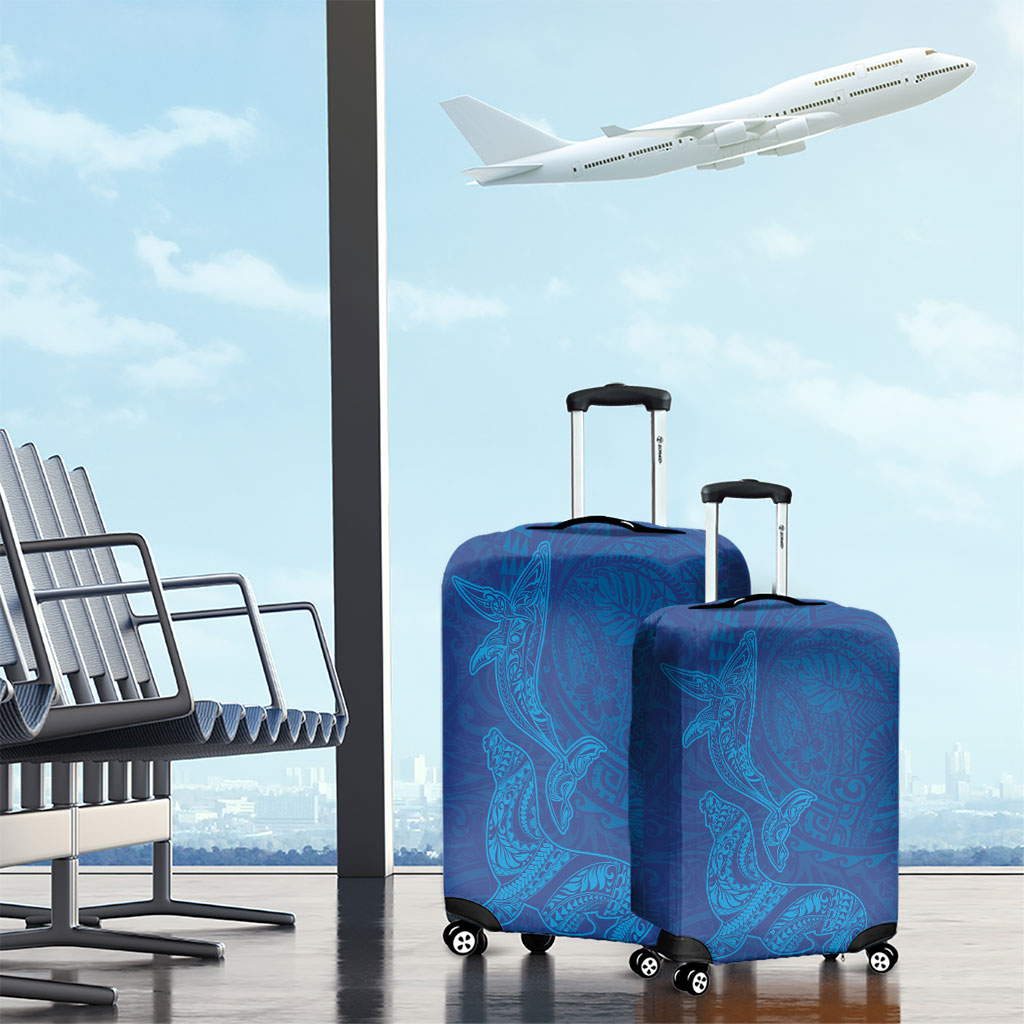 Hawaiian Monk Seal and Whale Luggage Cover Kakau Tribal Pattern Blue Color