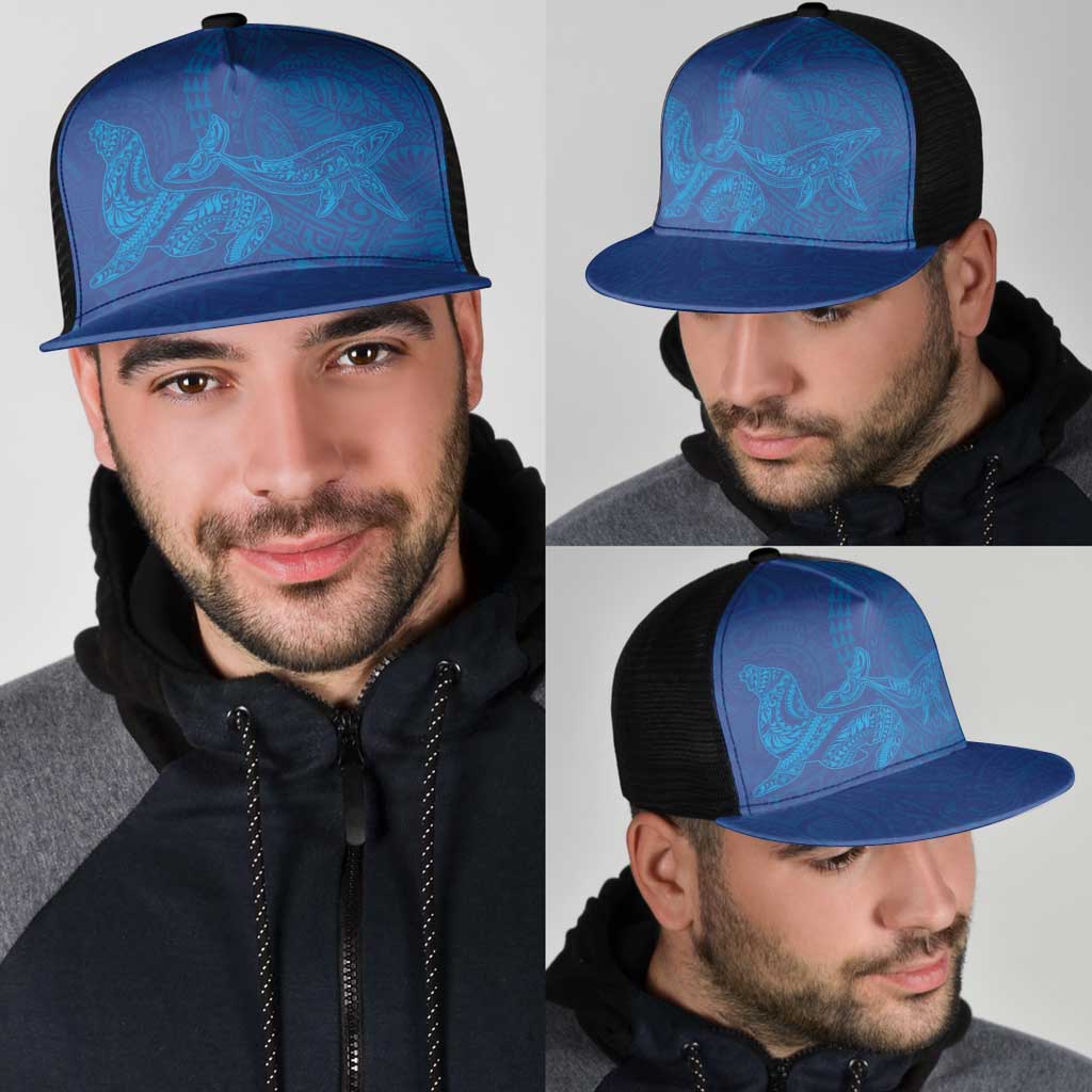 Hawaiian Monk Seal and Whale Mesh Trucker Cap Kakau Tribal Pattern Blue Color