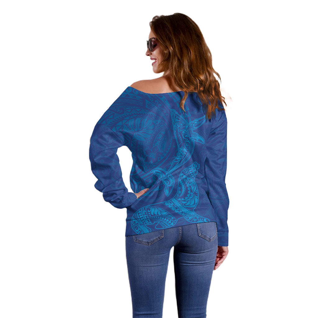 Hawaiian Monk Seal and Whale Off Shoulder Sweater Kakau Tribal Pattern Blue Color