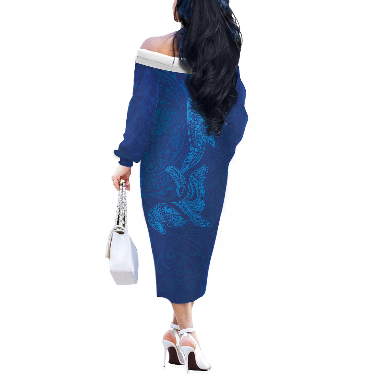 Hawaiian Monk Seal and Whale Off The Shoulder Long Sleeve Dress Kakau Tribal Pattern Blue Color