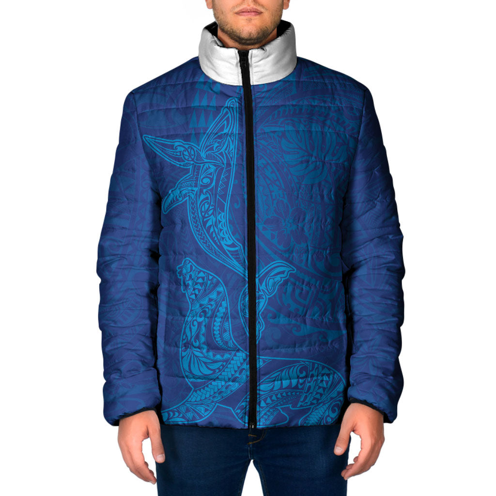 Hawaiian Monk Seal and Whale Padded Jacket Kakau Tribal Pattern Blue Color