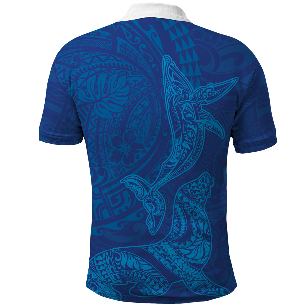 Hawaiian Monk Seal and Whale Polo Shirt Kakau Tribal Pattern Blue Color