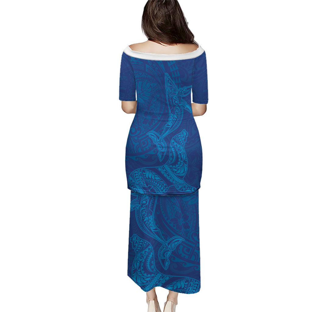 Hawaiian Monk Seal and Whale Puletasi Kakau Tribal Pattern Blue Color