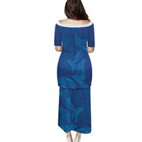 Hawaiian Monk Seal and Whale Puletasi Kakau Tribal Pattern Blue Color