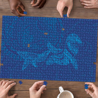 Hawaiian Monk Seal and Whale Puzzle Kakau Tribal Pattern Blue Color