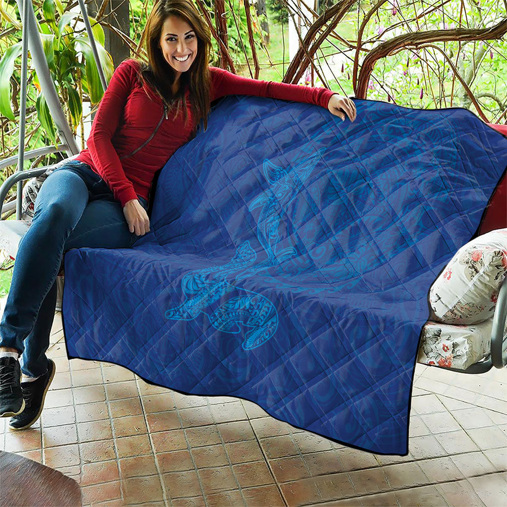 Hawaiian Monk Seal and Whale Quilt Kakau Tribal Pattern Blue Color