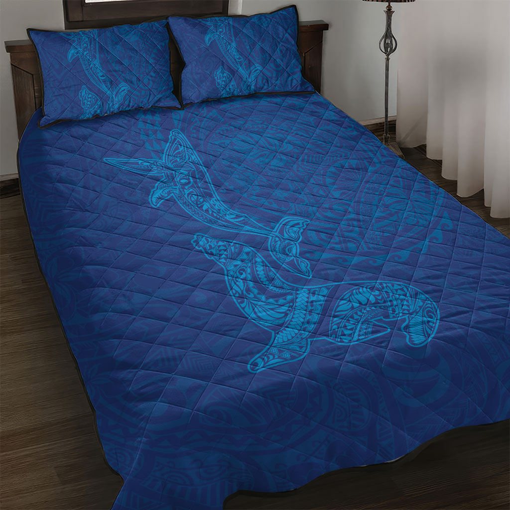 Hawaiian Monk Seal and Whale Quilt Bed Set Kakau Tribal Pattern Blue Color