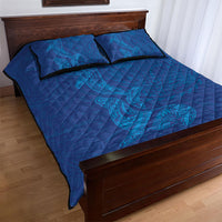 Hawaiian Monk Seal and Whale Quilt Bed Set Kakau Tribal Pattern Blue Color