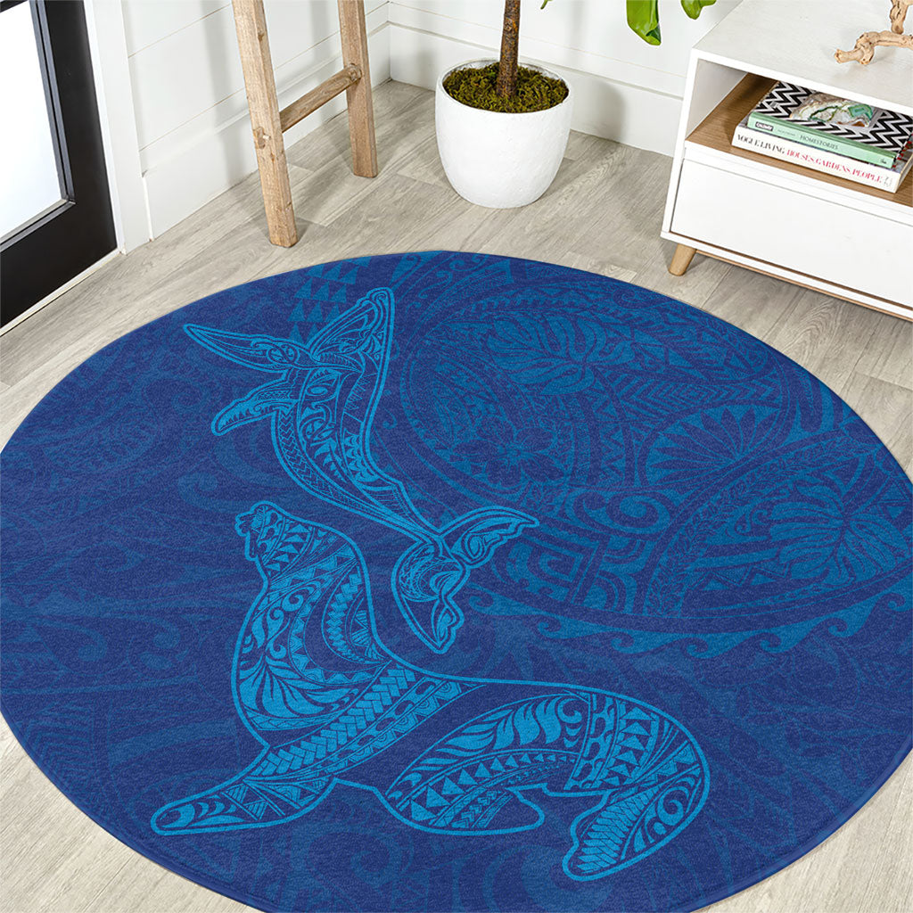 Hawaiian Monk Seal and Whale Round Carpet Kakau Tribal Pattern Blue Color