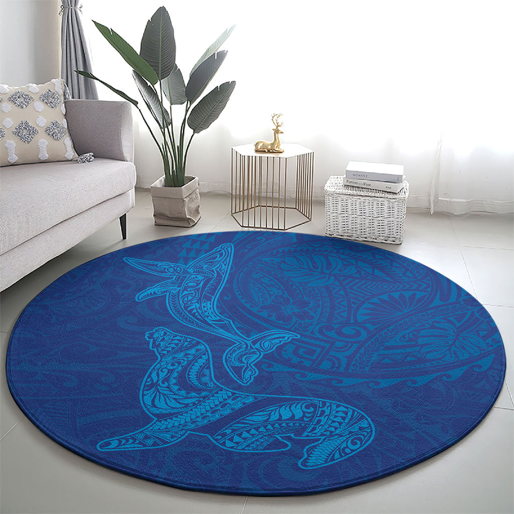 Hawaiian Monk Seal and Whale Round Carpet Kakau Tribal Pattern Blue Color