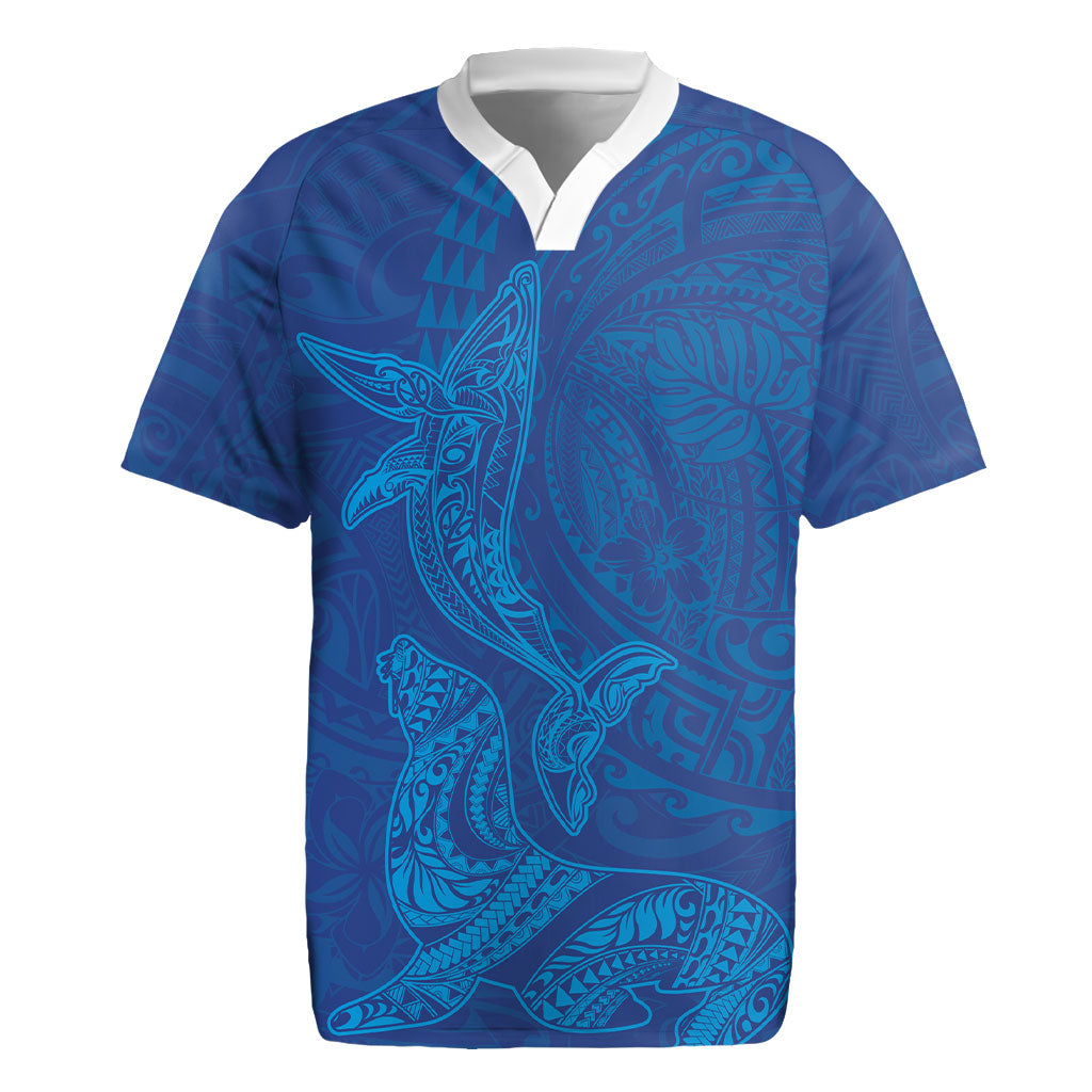 Hawaiian Monk Seal and Whale Rugby Jersey Kakau Tribal Pattern Blue Color