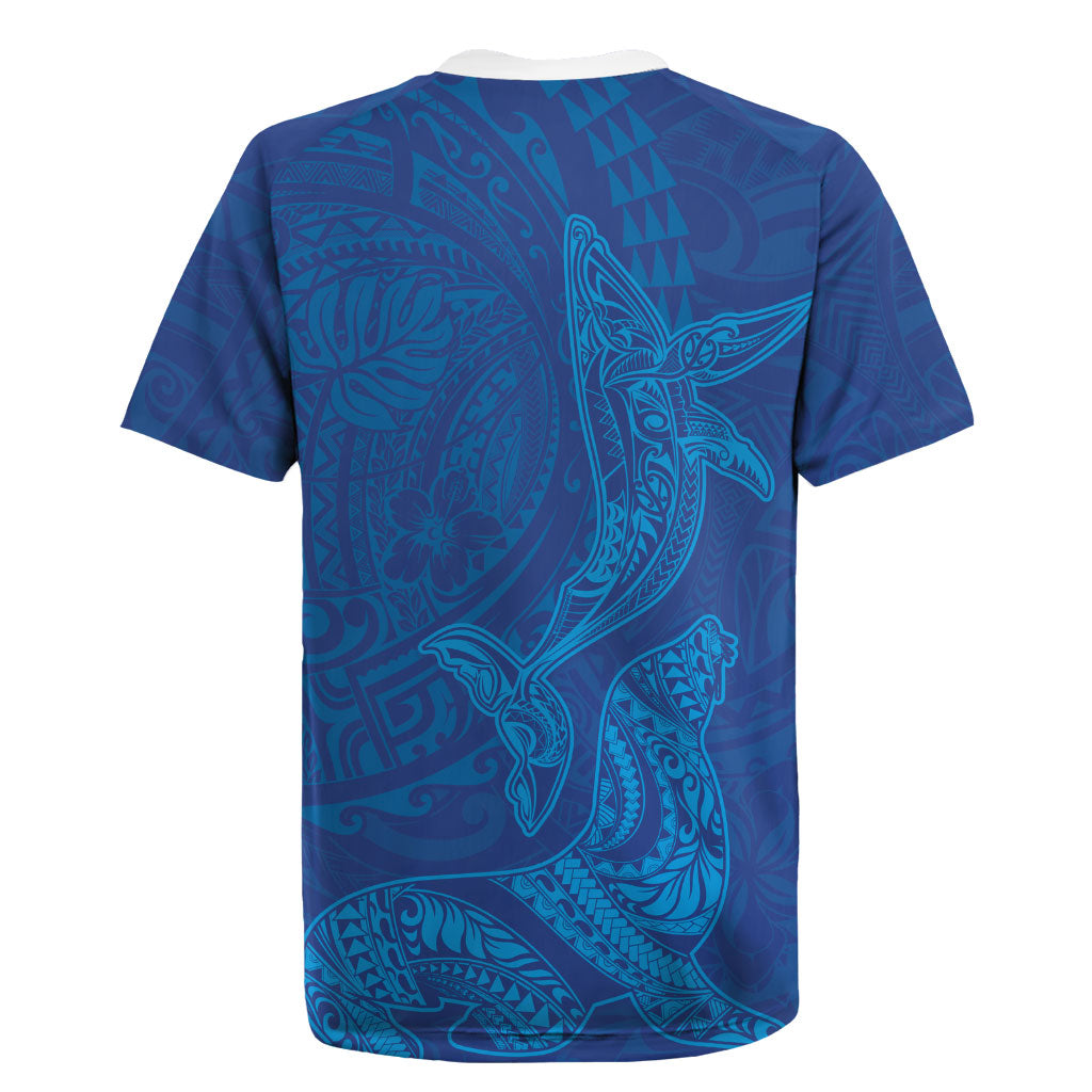Hawaiian Monk Seal and Whale Rugby Jersey Kakau Tribal Pattern Blue Color