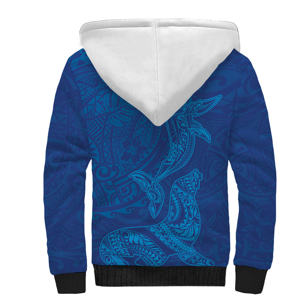 Hawaiian Monk Seal and Whale Sherpa Hoodie Kakau Tribal Pattern Blue Color