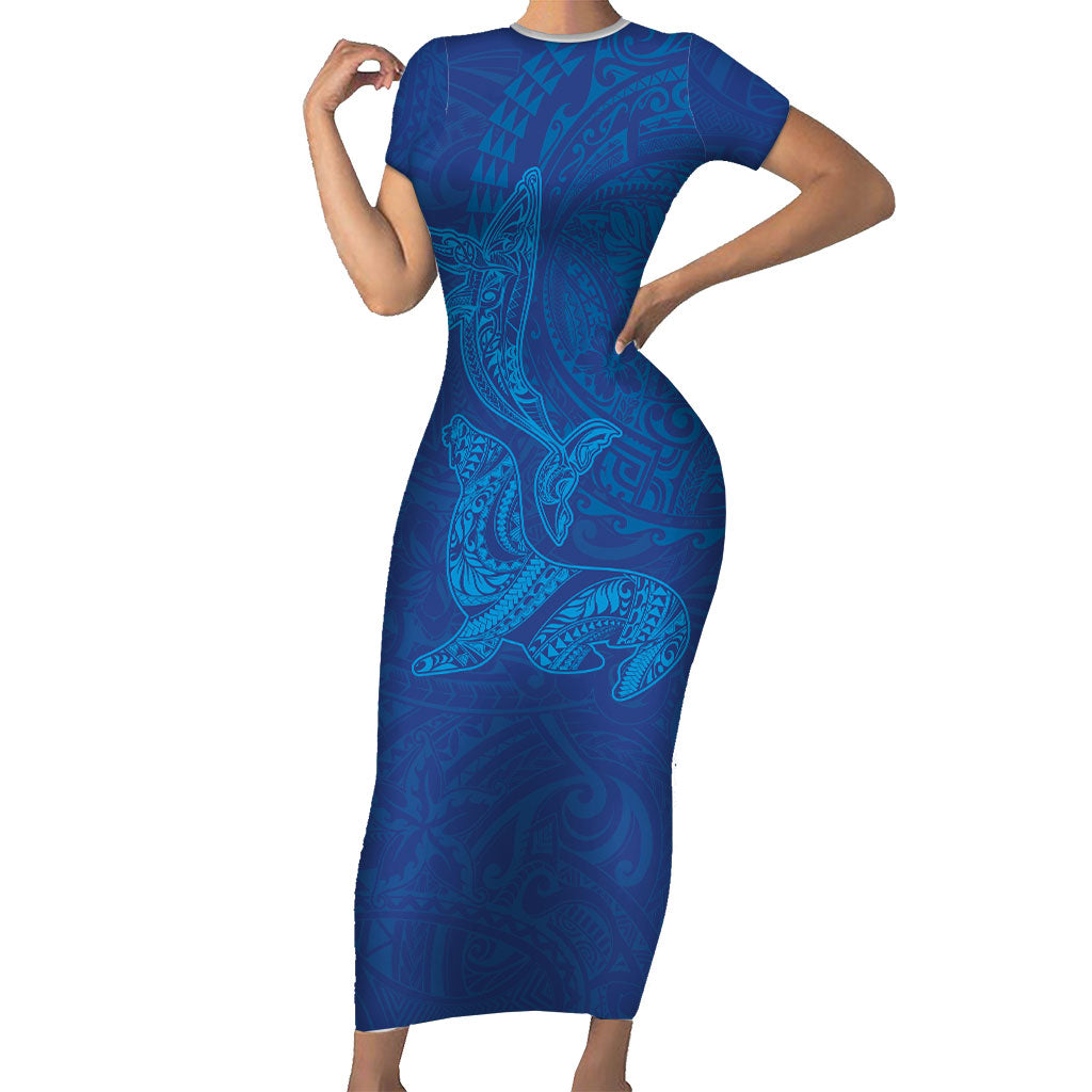 Hawaiian Monk Seal and Whale Short Sleeve Bodycon Dress Kakau Tribal Pattern Blue Color