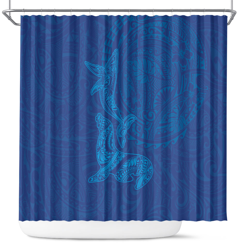 Hawaiian Monk Seal and Whale Shower Curtain Kakau Tribal Pattern Blue Color