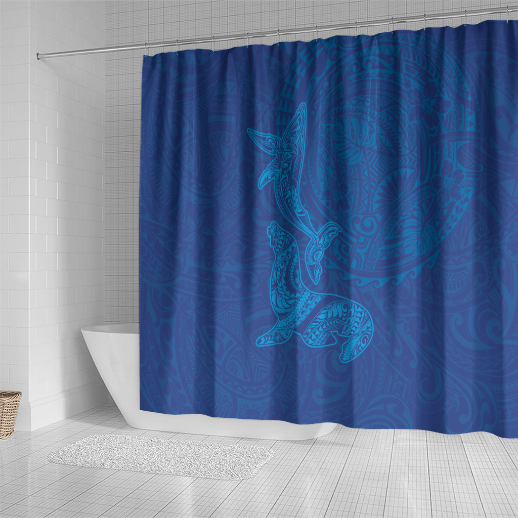 Hawaiian Monk Seal and Whale Shower Curtain Kakau Tribal Pattern Blue Color