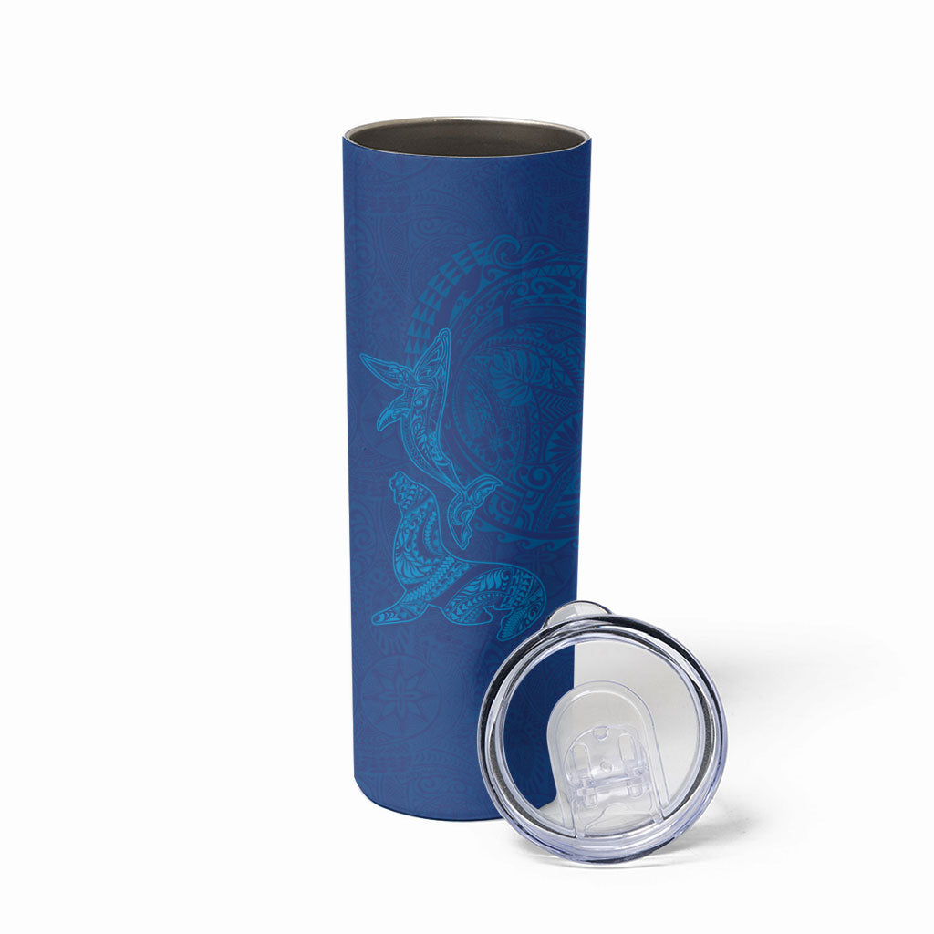 Hawaiian Monk Seal and Whale Skinny Tumbler Kakau Tribal Pattern Blue Color