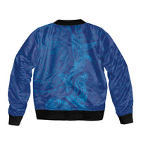 Hawaiian Monk Seal and Whale Sleeve Zip Bomber Jacket Kakau Tribal Pattern Blue Color