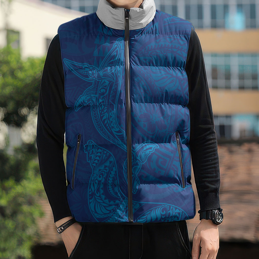 Hawaiian Monk Seal and Whale Sleeveless Puffer Jacket Kakau Tribal Pattern Blue Color