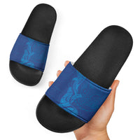 Hawaiian Monk Seal and Whale Slide Sandals Kakau Tribal Pattern Blue Color