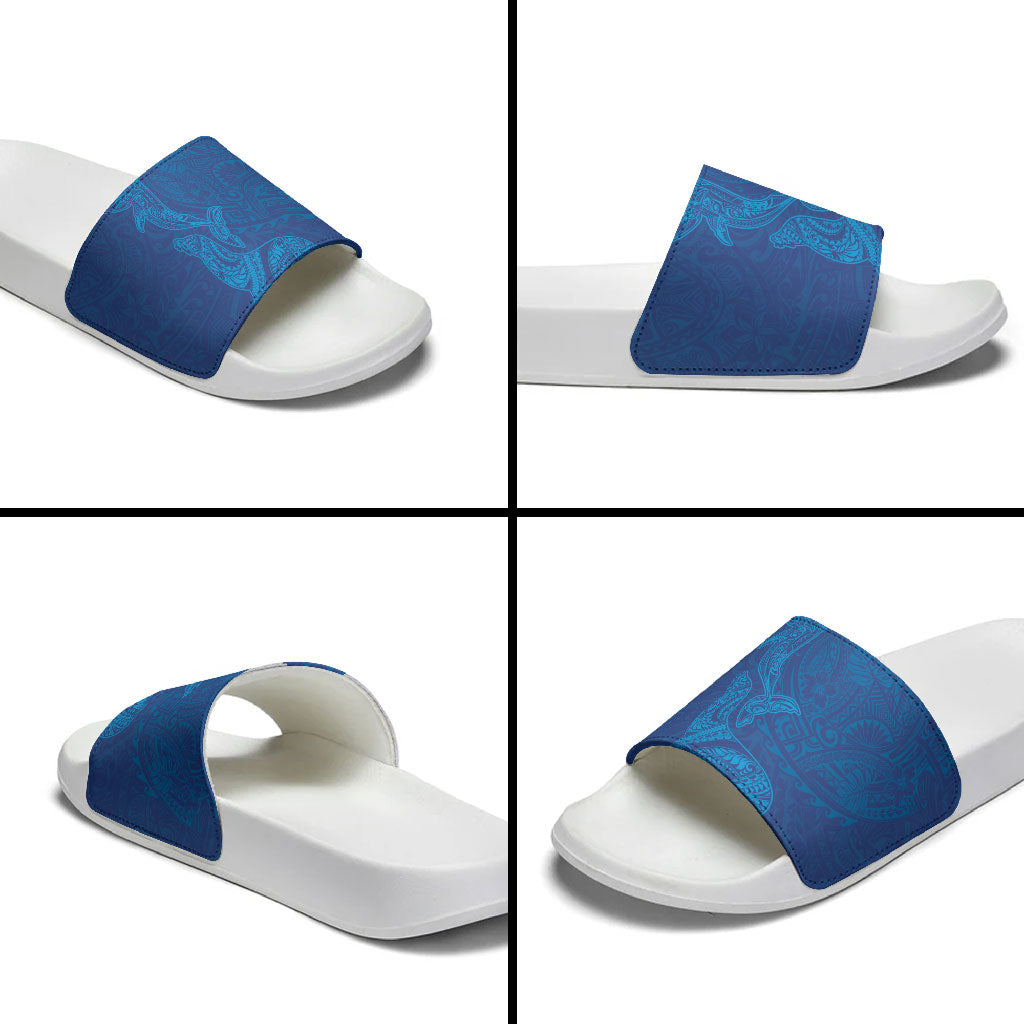 Hawaiian Monk Seal and Whale Slide Sandals Kakau Tribal Pattern Blue Color