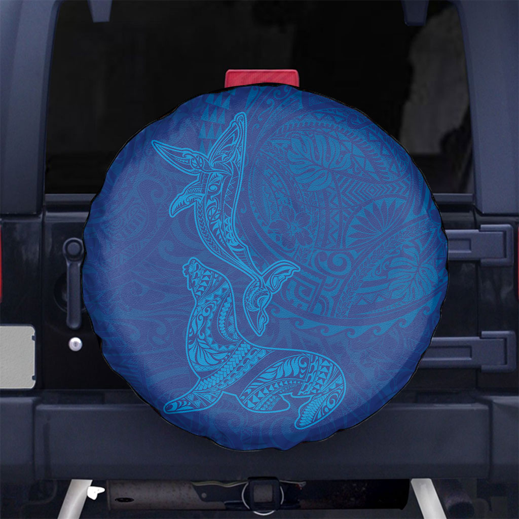 Hawaiian Monk Seal and Whale Spare Tire Cover Kakau Tribal Pattern Blue Color