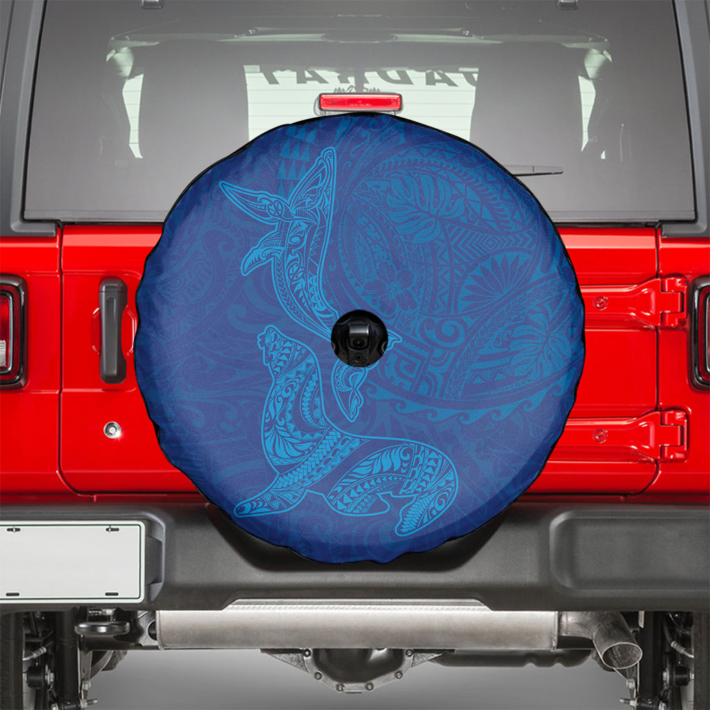 Hawaiian Monk Seal and Whale Spare Tire Cover Kakau Tribal Pattern Blue Color