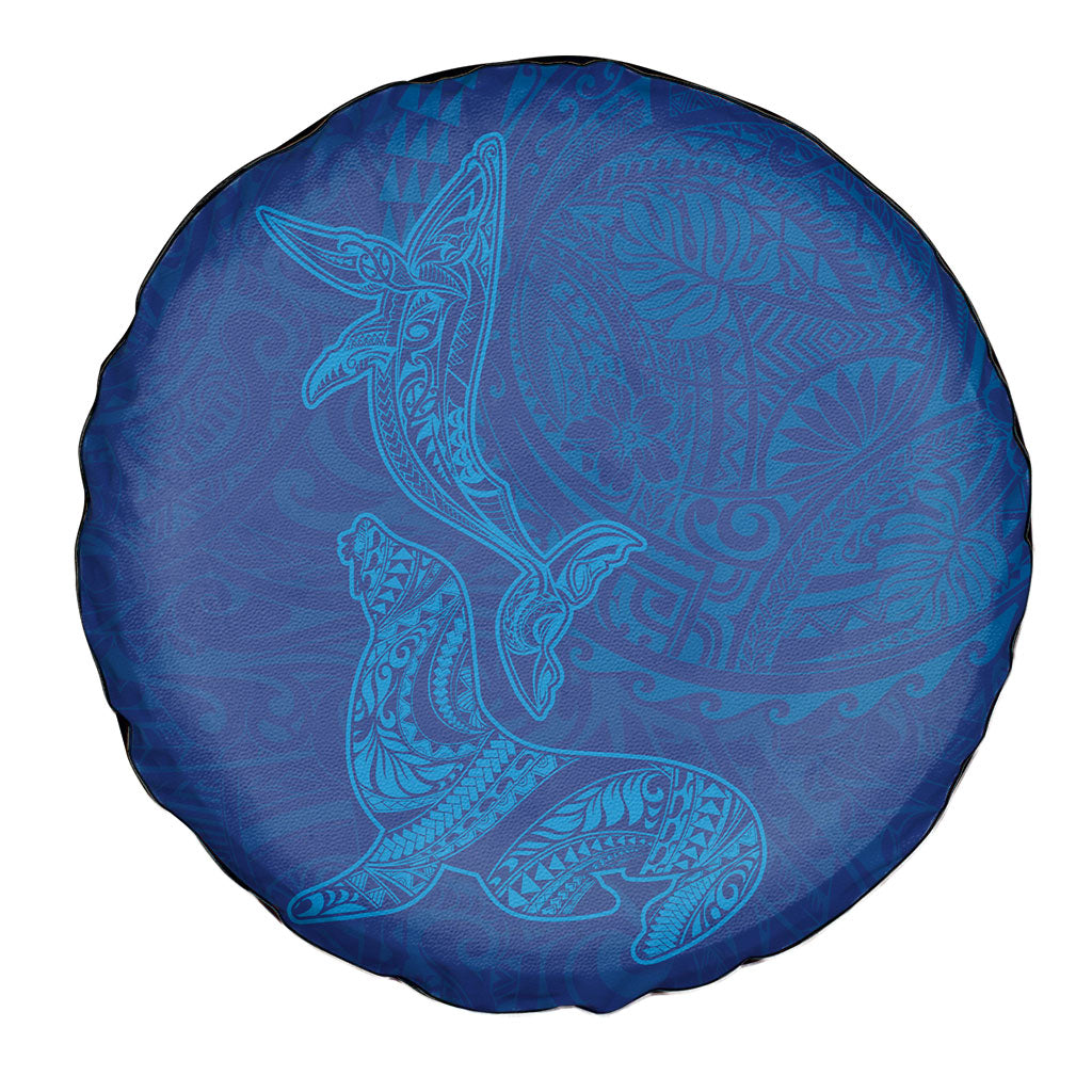 Hawaiian Monk Seal and Whale Spare Tire Cover Kakau Tribal Pattern Blue Color