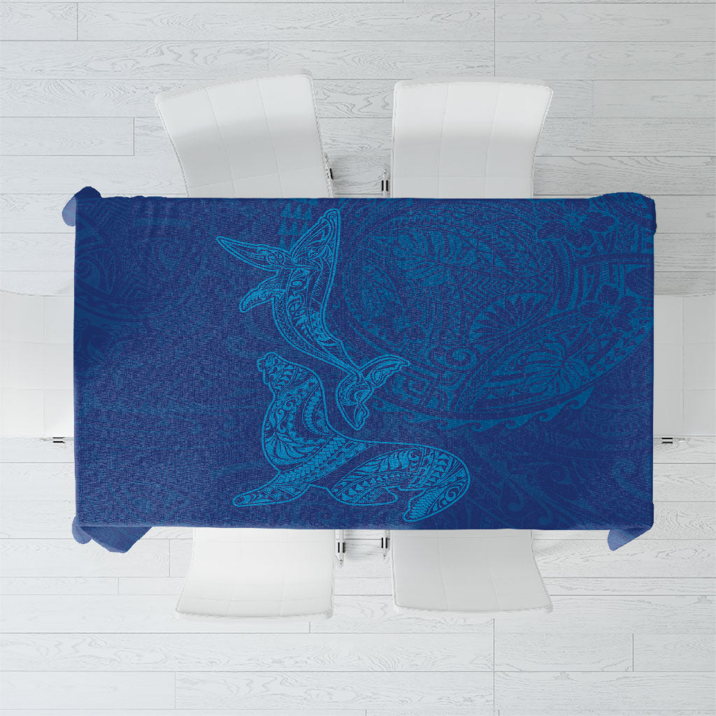 Hawaiian Monk Seal and Whale Tablecloth Kakau Tribal Pattern Blue Color