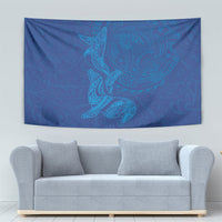 Hawaiian Monk Seal and Whale Tapestry Kakau Tribal Pattern Blue Color