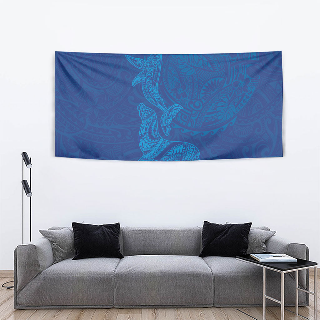 Hawaiian Monk Seal and Whale Tapestry Kakau Tribal Pattern Blue Color