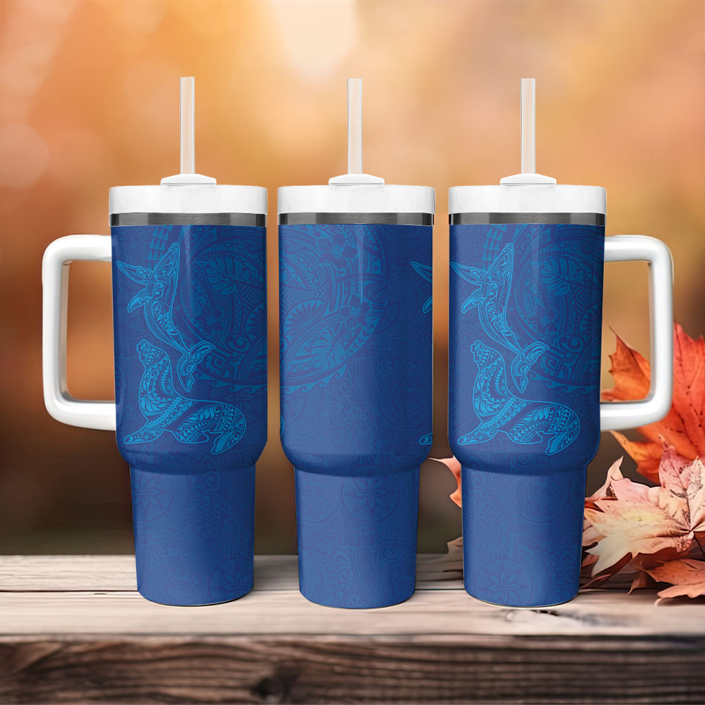 Hawaiian Monk Seal and Whale Tumbler With Handle Kakau Tribal Pattern Blue Color