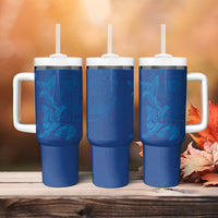 Hawaiian Monk Seal and Whale Tumbler With Handle Kakau Tribal Pattern Blue Color
