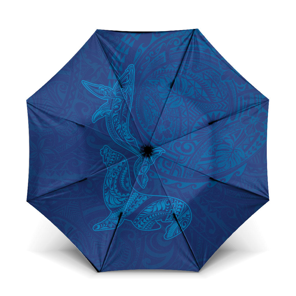 Hawaiian Monk Seal and Whale Umbrella Kakau Tribal Pattern Blue Color