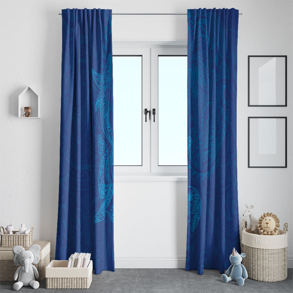 Hawaiian Monk Seal and Whale Window Curtain Kakau Tribal Pattern Blue Color