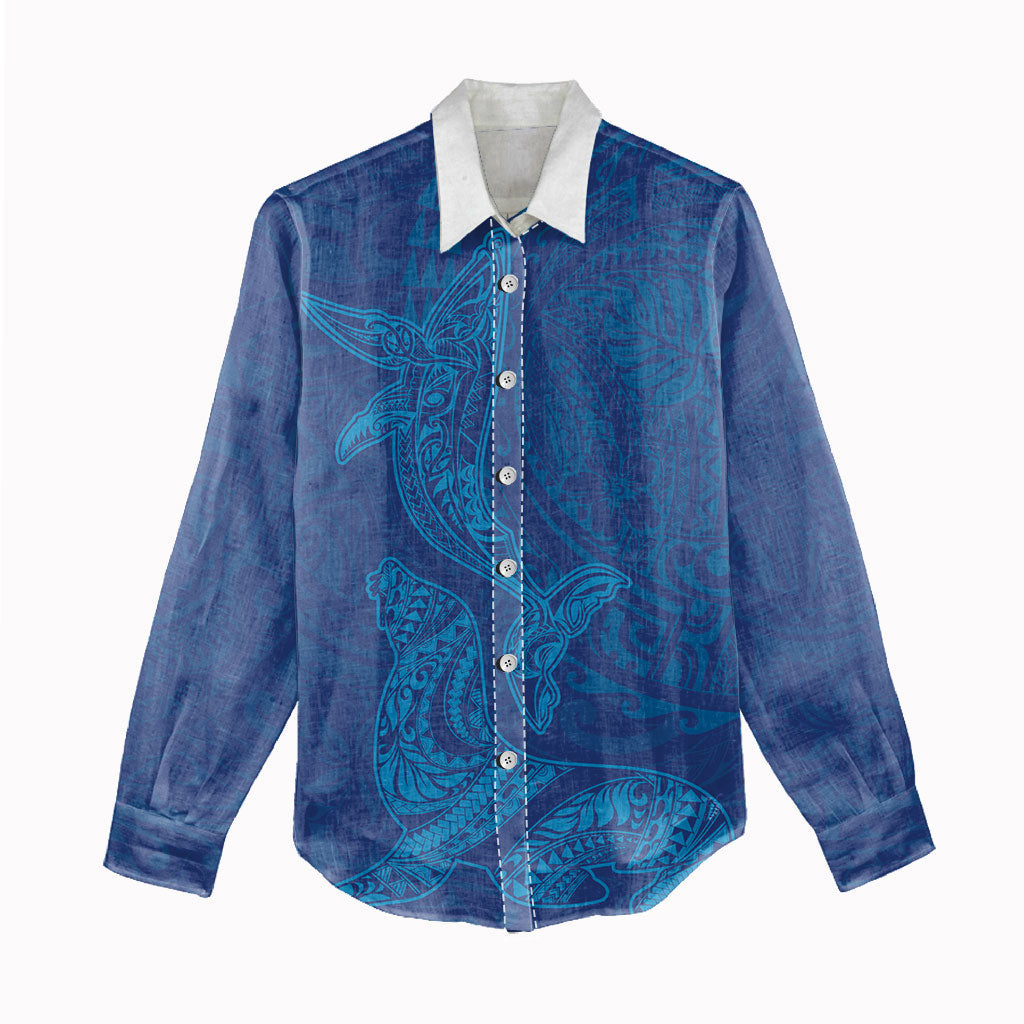 Hawaiian Monk Seal and Whale Women Casual Shirt Kakau Tribal Pattern Blue Color