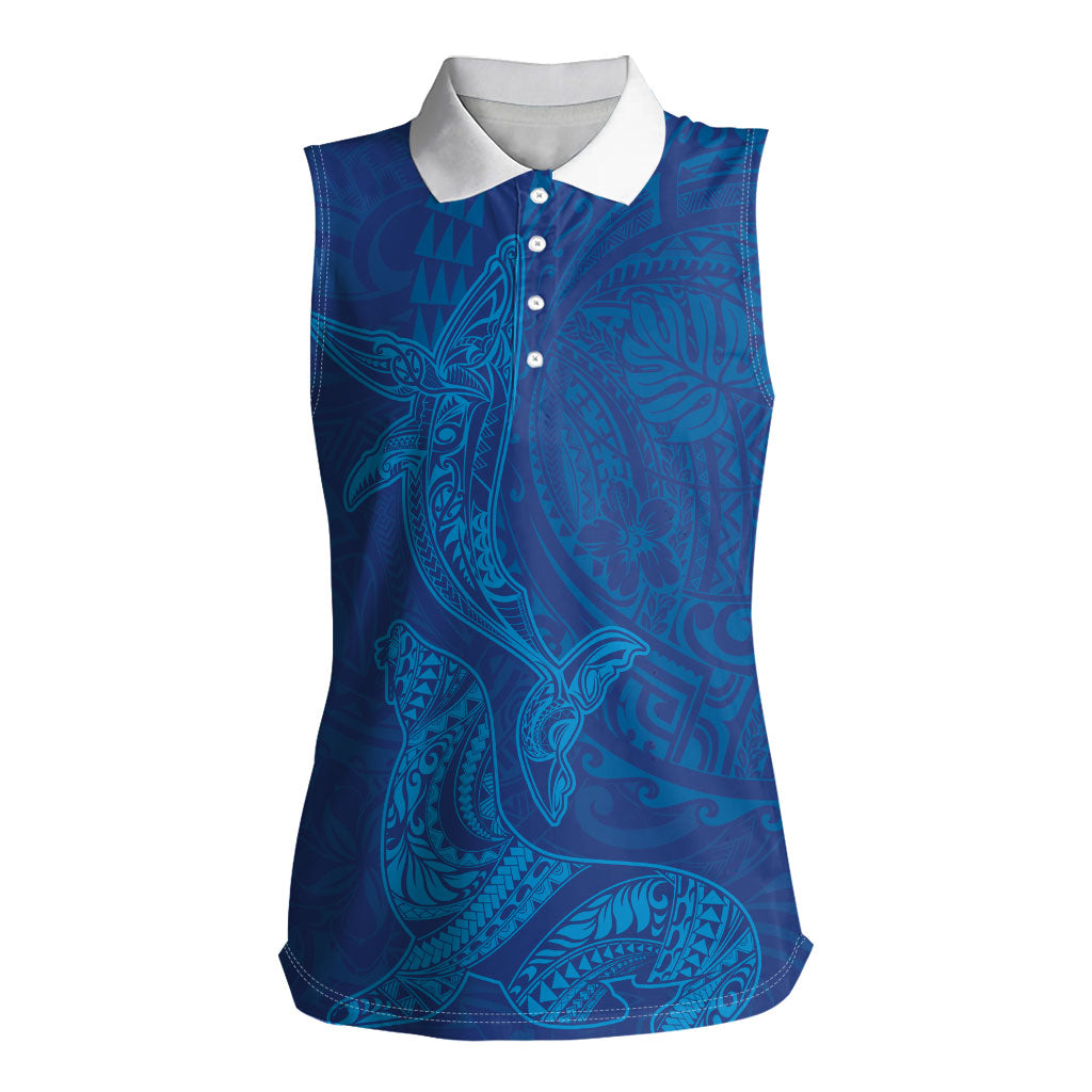 Hawaiian Monk Seal and Whale Women Sleeveless Polo Shirt Kakau Tribal Pattern Blue Color