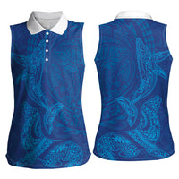 Hawaiian Monk Seal and Whale Women Sleeveless Polo Shirt Kakau Tribal Pattern Blue Color