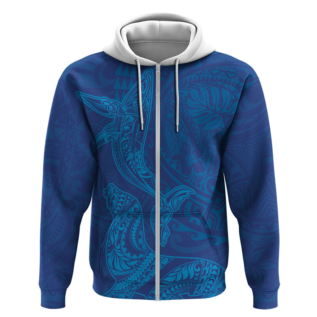 Hawaiian Monk Seal and Whale Zip Hoodie Kakau Tribal Pattern Blue Color