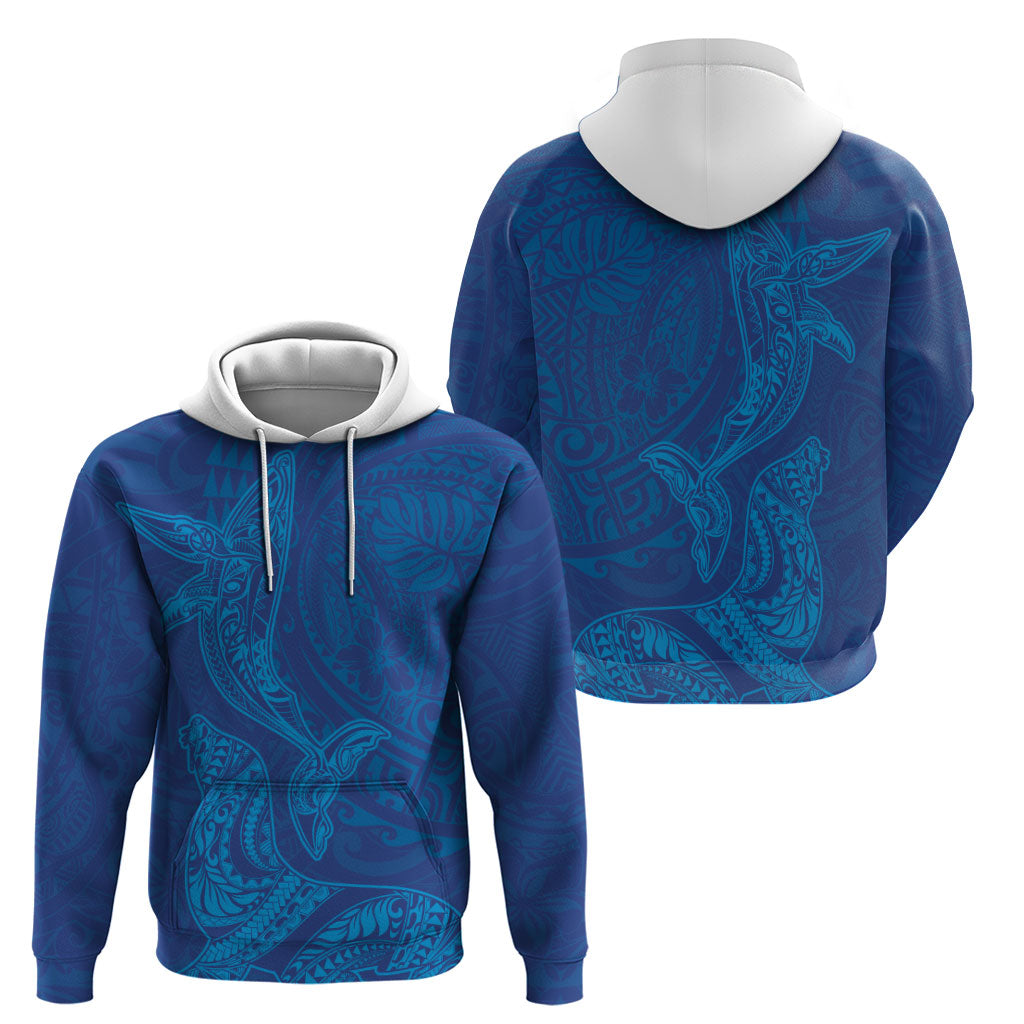 Hawaiian Monk Seal and Whale Zip Hoodie Kakau Tribal Pattern Blue Color